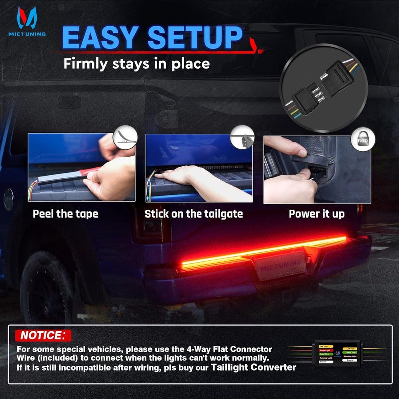 MICTUNING 60 inches Triple Row 432 LEDs Tailgate Strip Light Waterproof with 4-Way Flat Connector - 5 Functions Sequential Amber Turn Signal, Red Brake Running, White Reverse Lights - Image 5